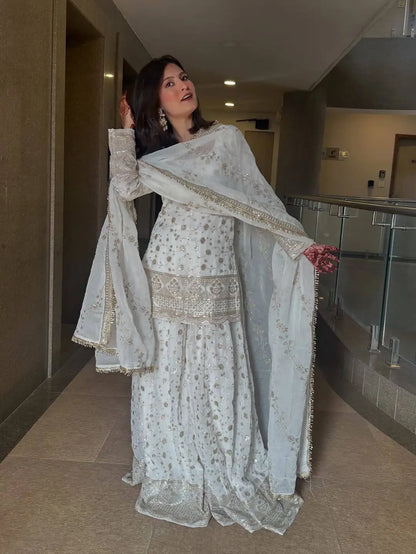 Elegant Embroidered Crunchy Silk Kurta Palazzo Set with Dupatta for Festive Wear