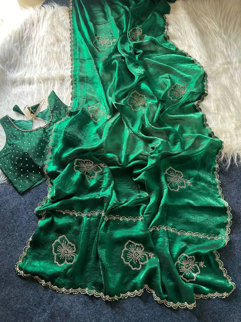 Elegant Embroidered Fandy Satin Silk Saree for Wedding and Festive Occasions