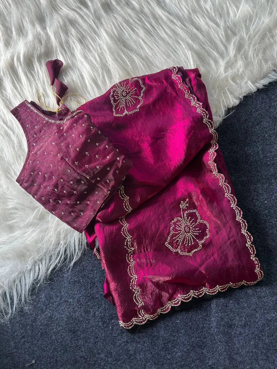 Elegant Embroidered Fandy Satin Silk Saree for Wedding and Festive Occasions