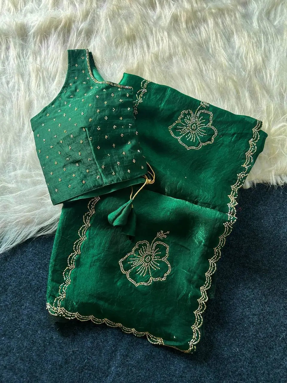 Elegant Embroidered Fandy Satin Silk Saree for Wedding and Festive Occasions