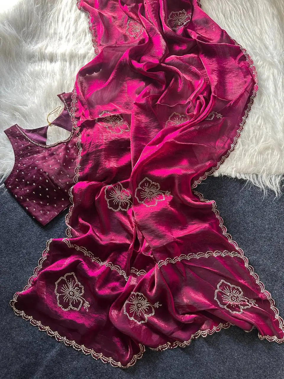 Elegant Embroidered Fandy Satin Silk Saree for Wedding and Festive Occasions