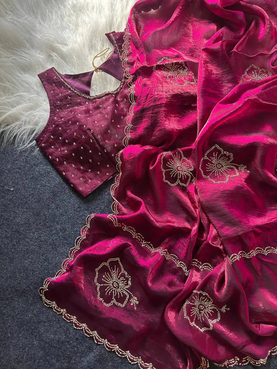 Elegant Embroidered Fandy Satin Silk Saree for Wedding and Festive Occasions