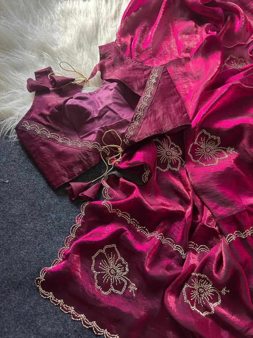 Elegant Embroidered Fandy Satin Silk Saree for Wedding and Festive Occasions