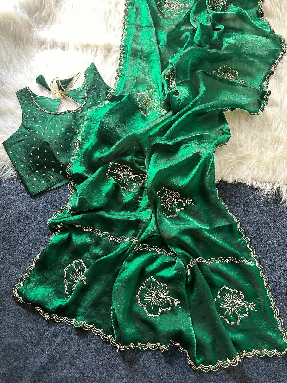 Elegant Embroidered Fandy Satin Silk Saree for Wedding and Festive Occasions