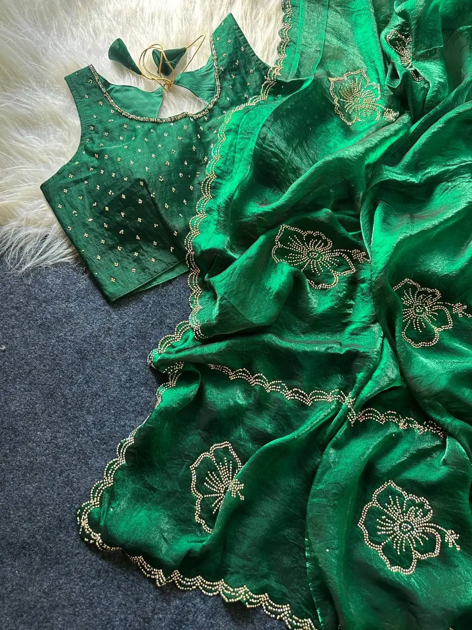 Elegant Embroidered Fandy Satin Silk Saree for Wedding and Festive Occasions