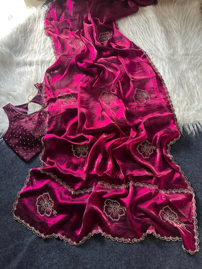 Elegant Embroidered Fandy Satin Silk Saree for Wedding and Festive Occasions