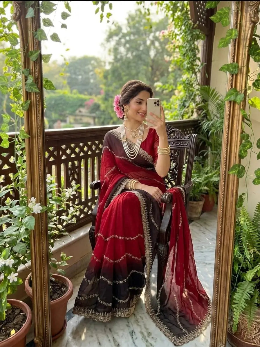 Elegant Embroidered Fendy Chiffon Saree for Festive and Party Wear