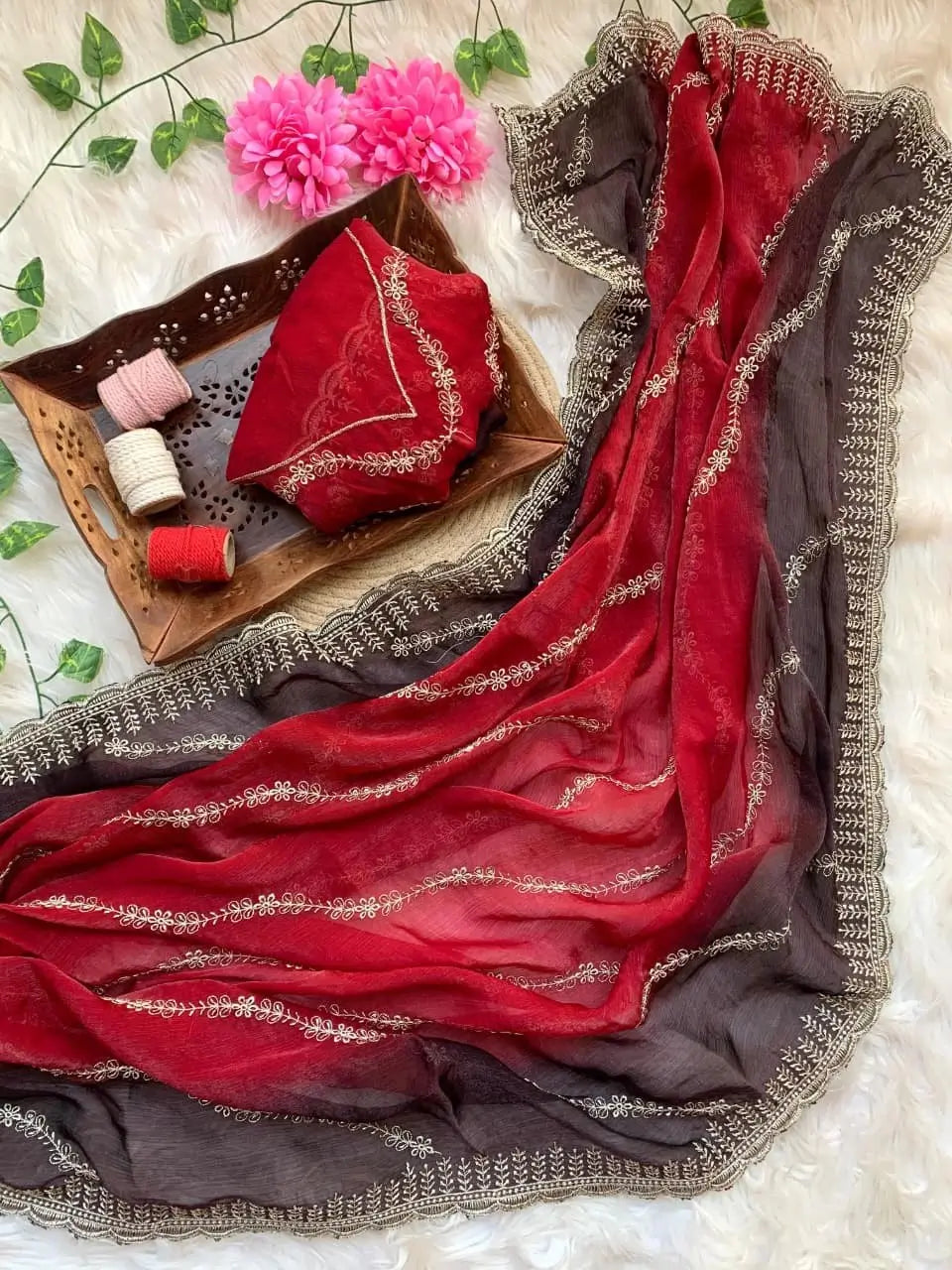 Elegant Embroidered Fendy Chiffon Saree for Festive and Party Wear