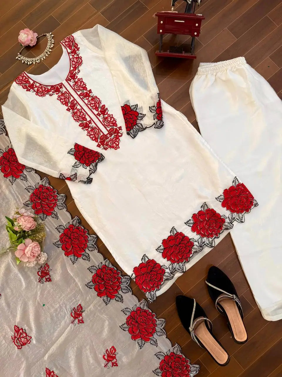 Elegant Embroidered Fendy Silk Palazzo Suit Set for Festive and Formal Wear