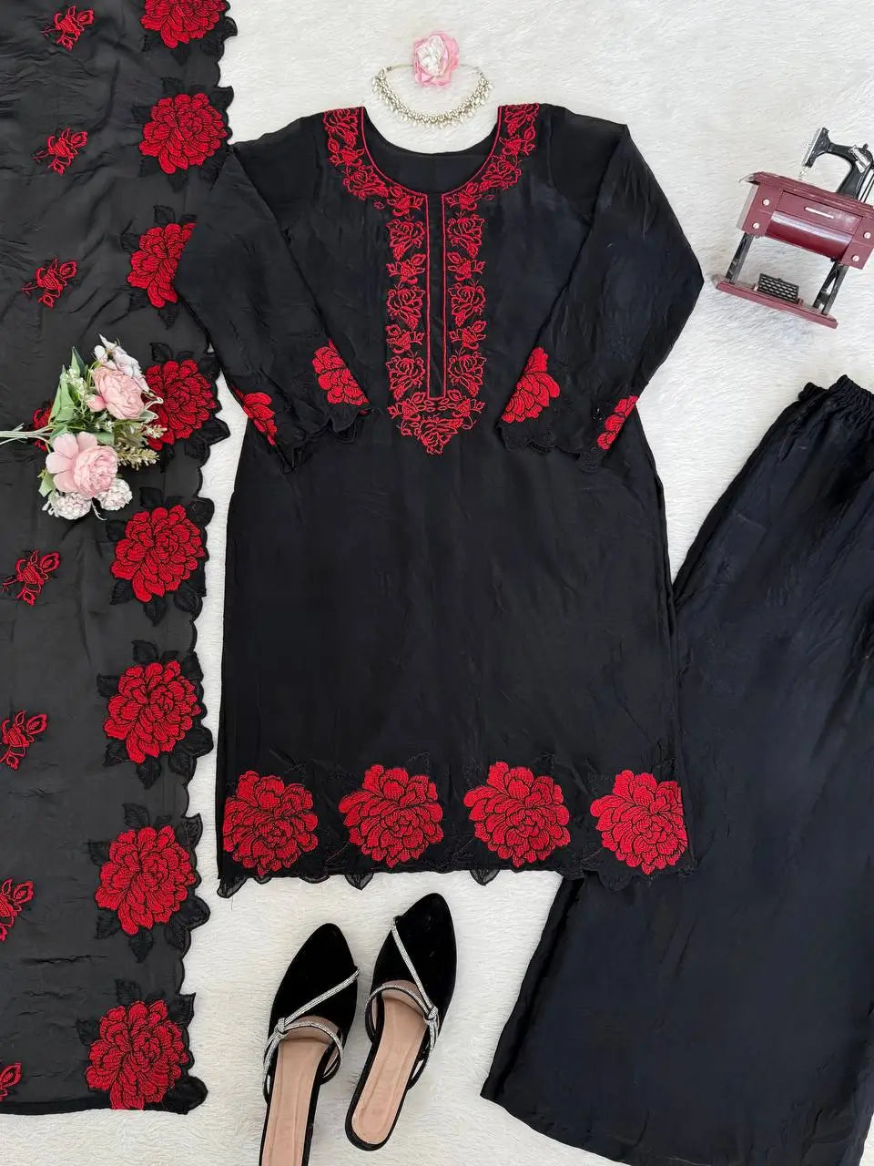 Elegant Embroidered Fendy Silk Palazzo Suit Set for Festive and Formal Wear