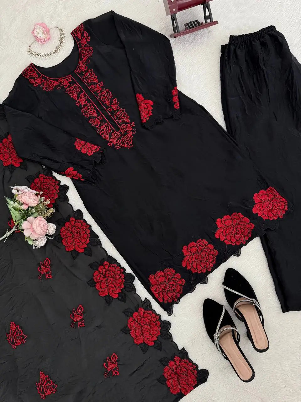 Elegant Embroidered Fendy Silk Palazzo Suit Set for Festive and Formal Wear