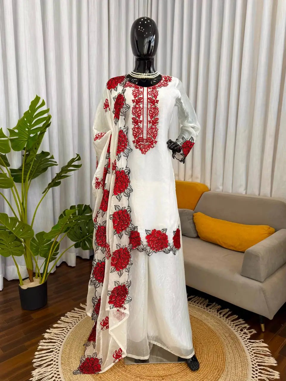 Elegant Embroidered Fendy Silk Palazzo Suit Set for Festive and Formal Wear