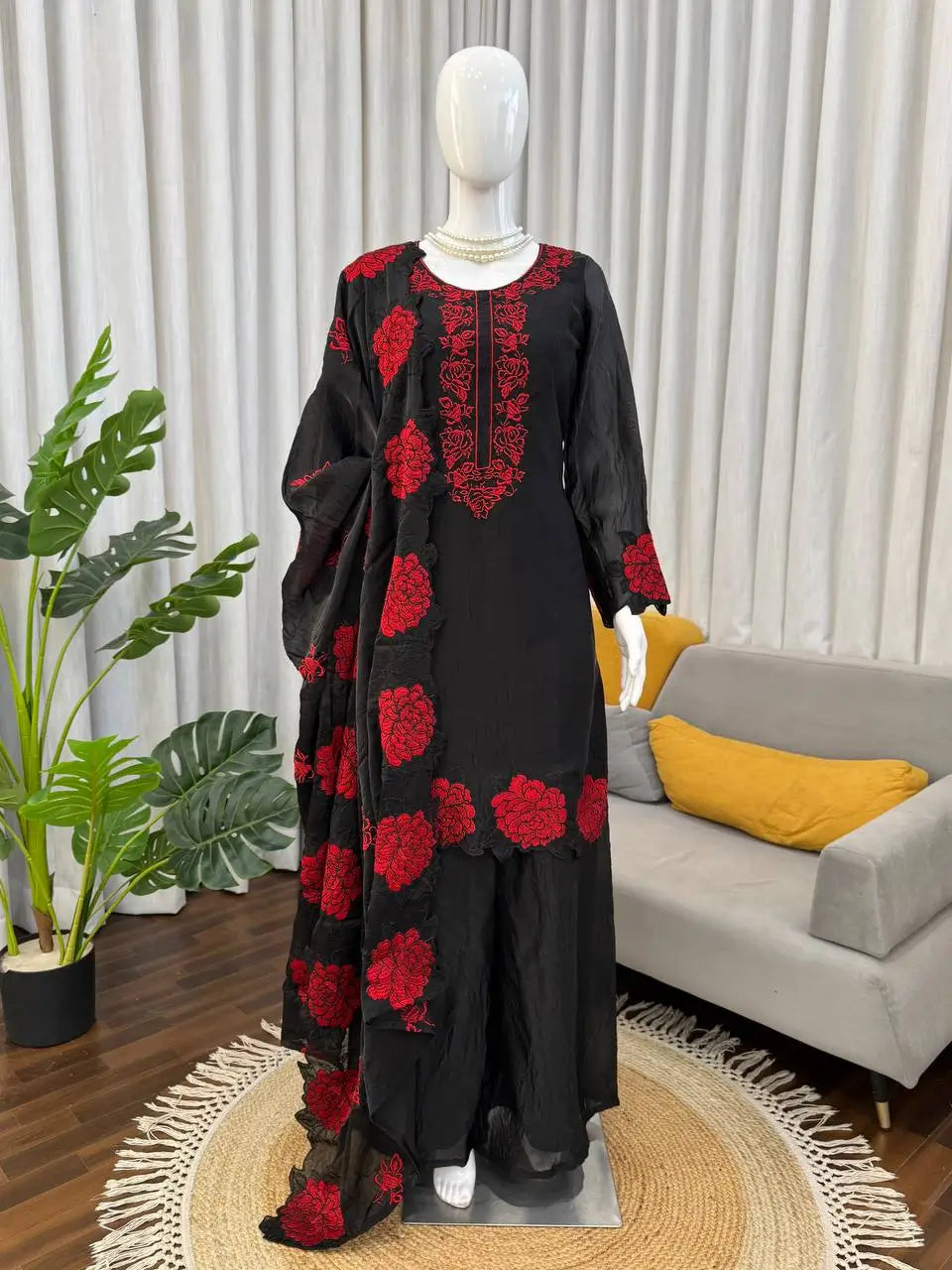 Elegant Embroidered Fendy Silk Palazzo Suit Set for Festive and Formal Wear