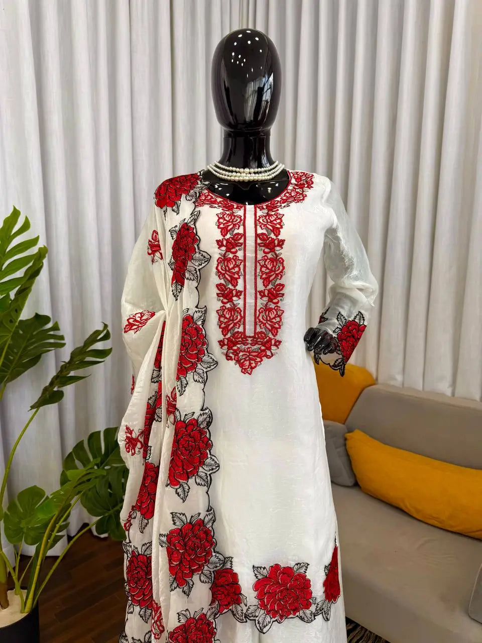 Elegant Embroidered Fendy Silk Palazzo Suit Set for Festive and Formal Wear