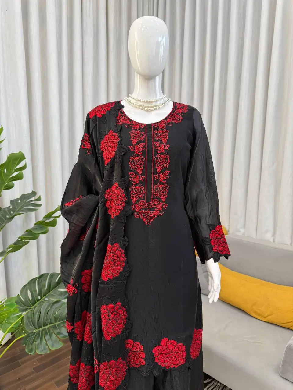 Elegant Embroidered Fendy Silk Palazzo Suit Set for Festive and Formal Wear