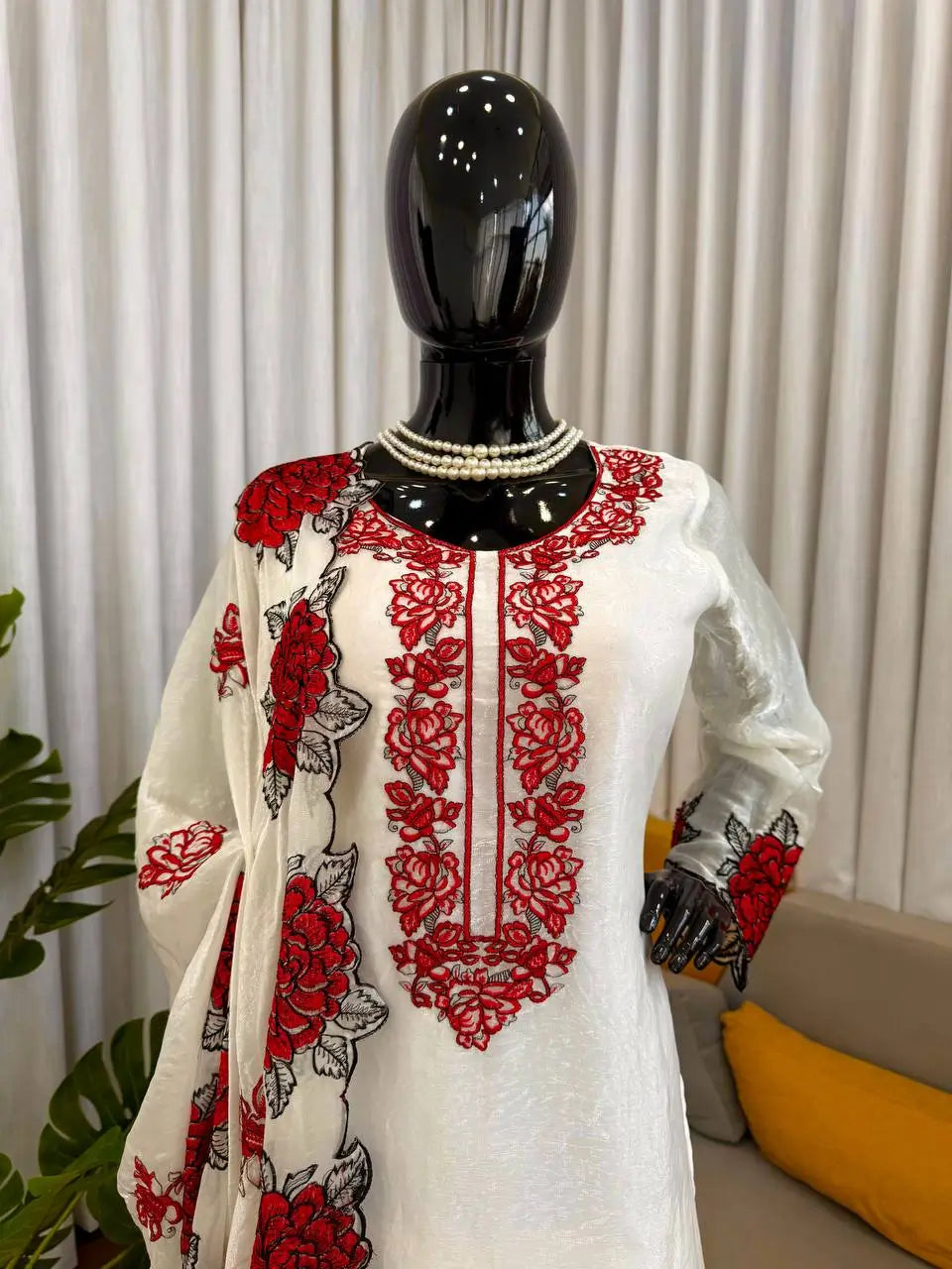 Elegant Embroidered Fendy Silk Palazzo Suit Set for Festive and Formal Wear