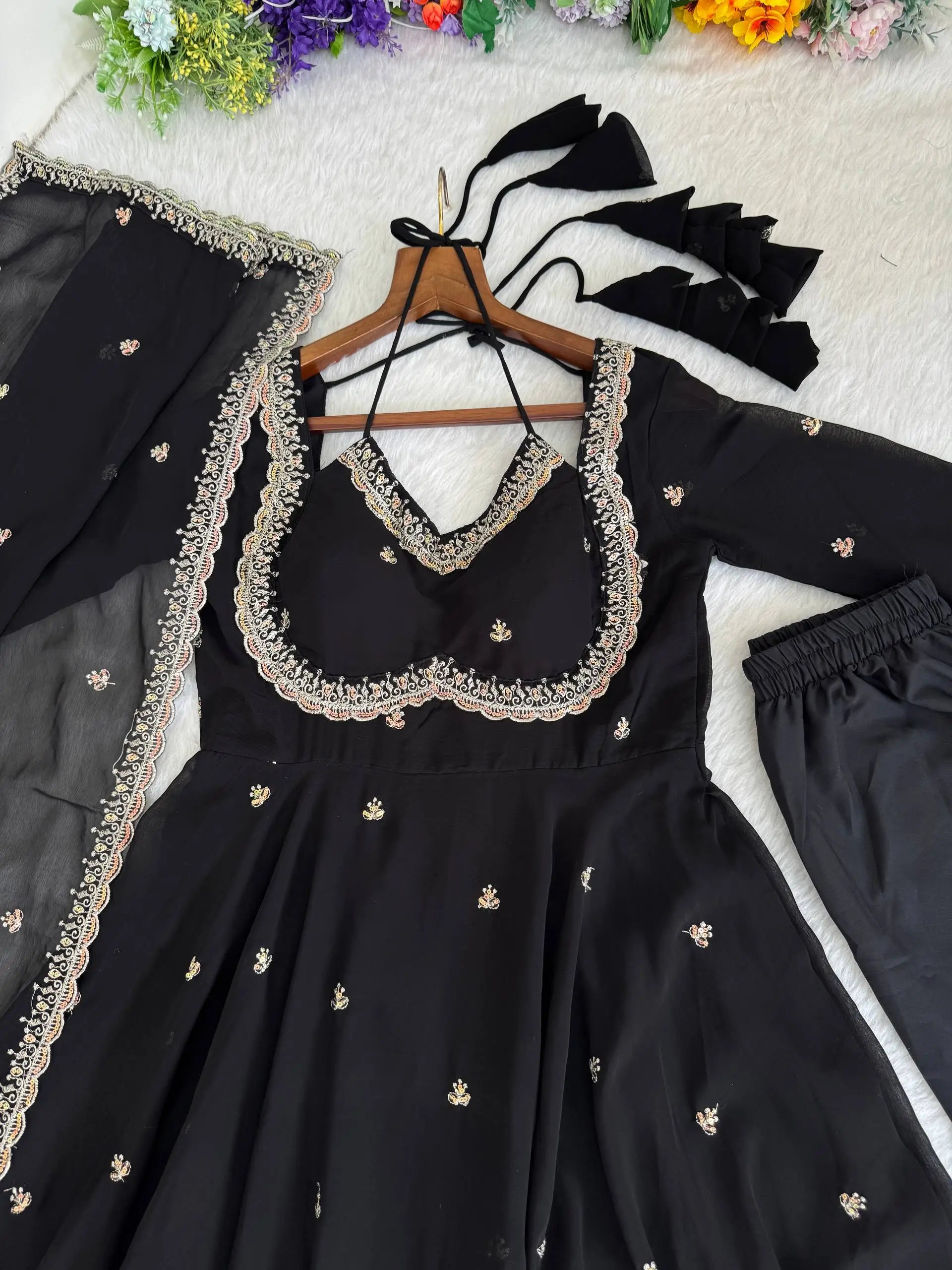 Elegant Embroidered Fox Georgette Anarkali Gown Set