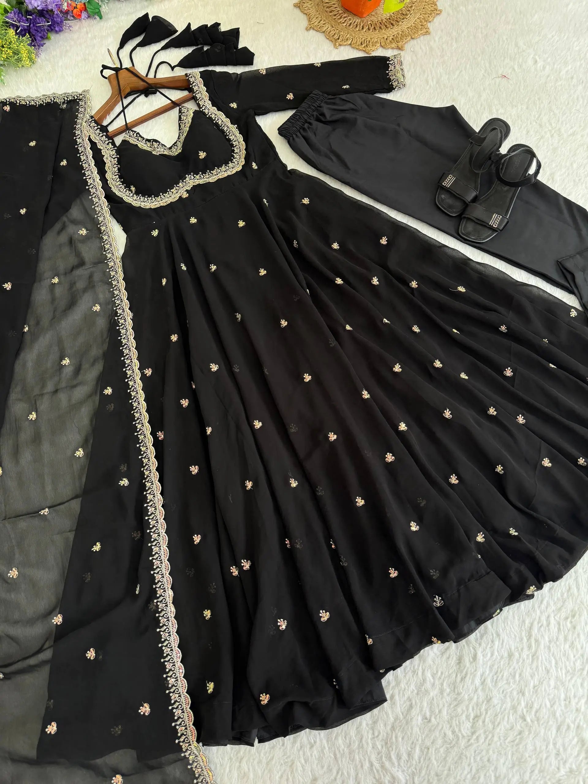 Elegant Embroidered Fox Georgette Anarkali Gown Set