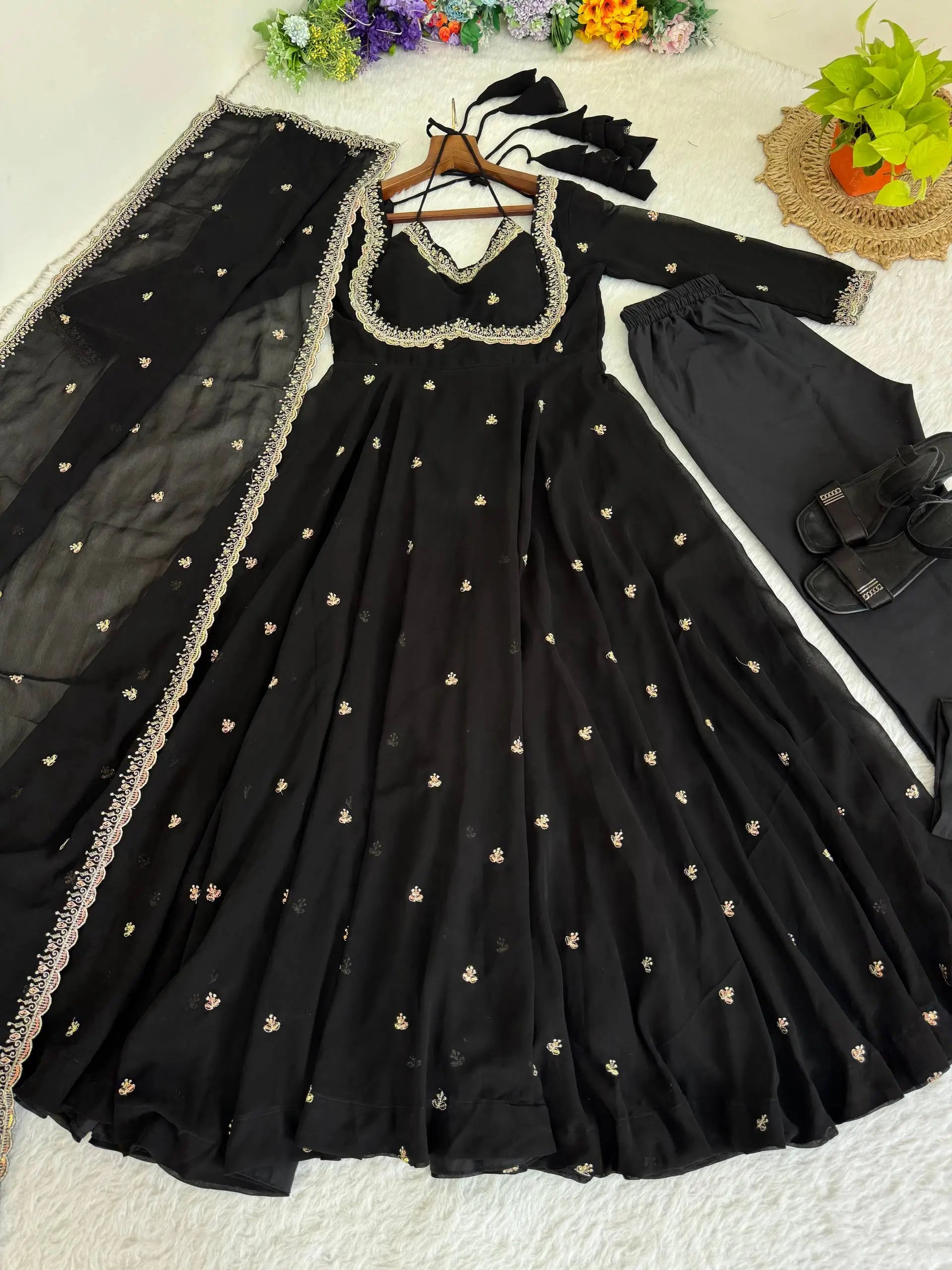 Elegant Embroidered Fox Georgette Anarkali Gown Set