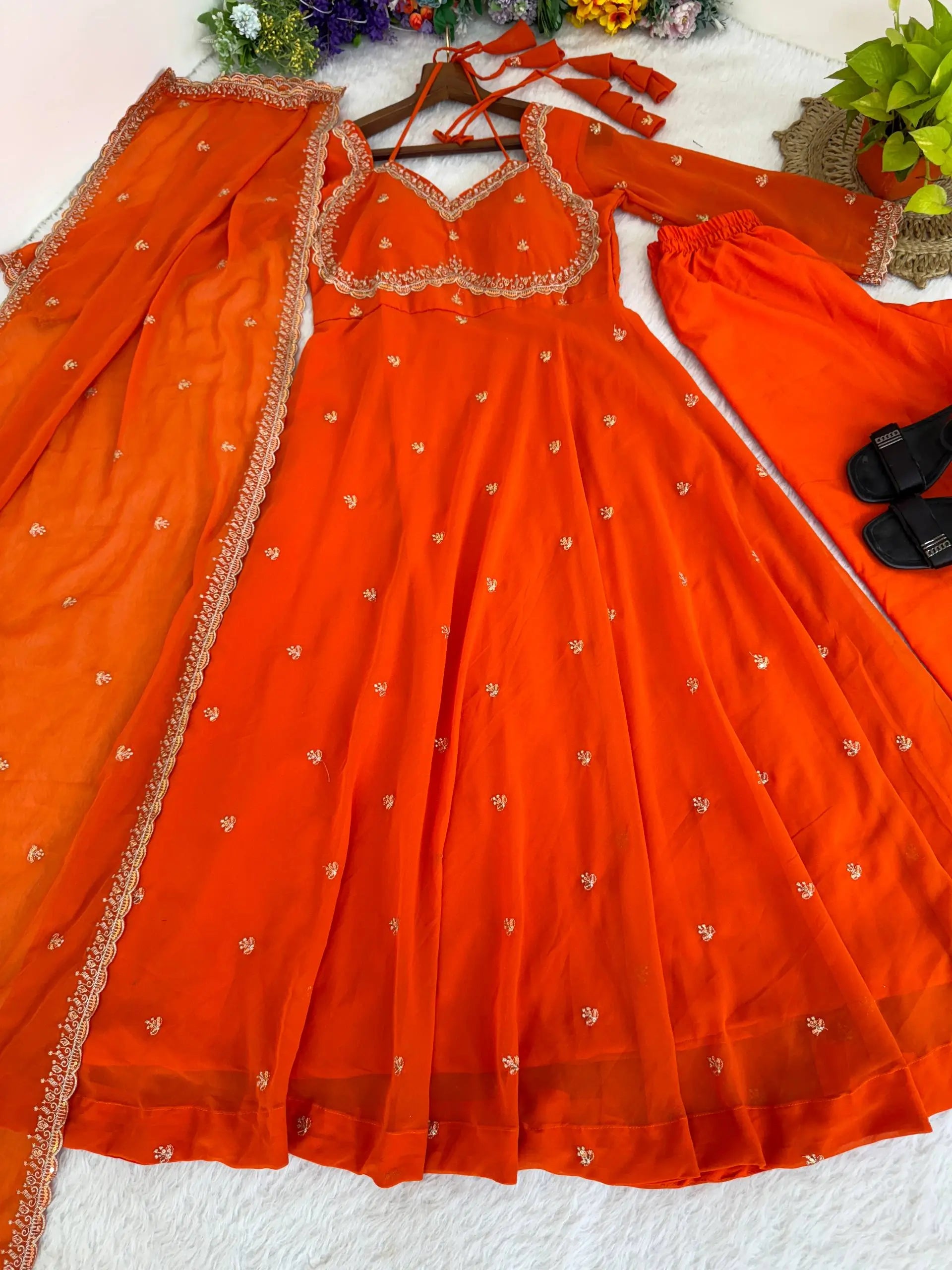 Elegant Embroidered Fox Georgette Anarkali Gown Set