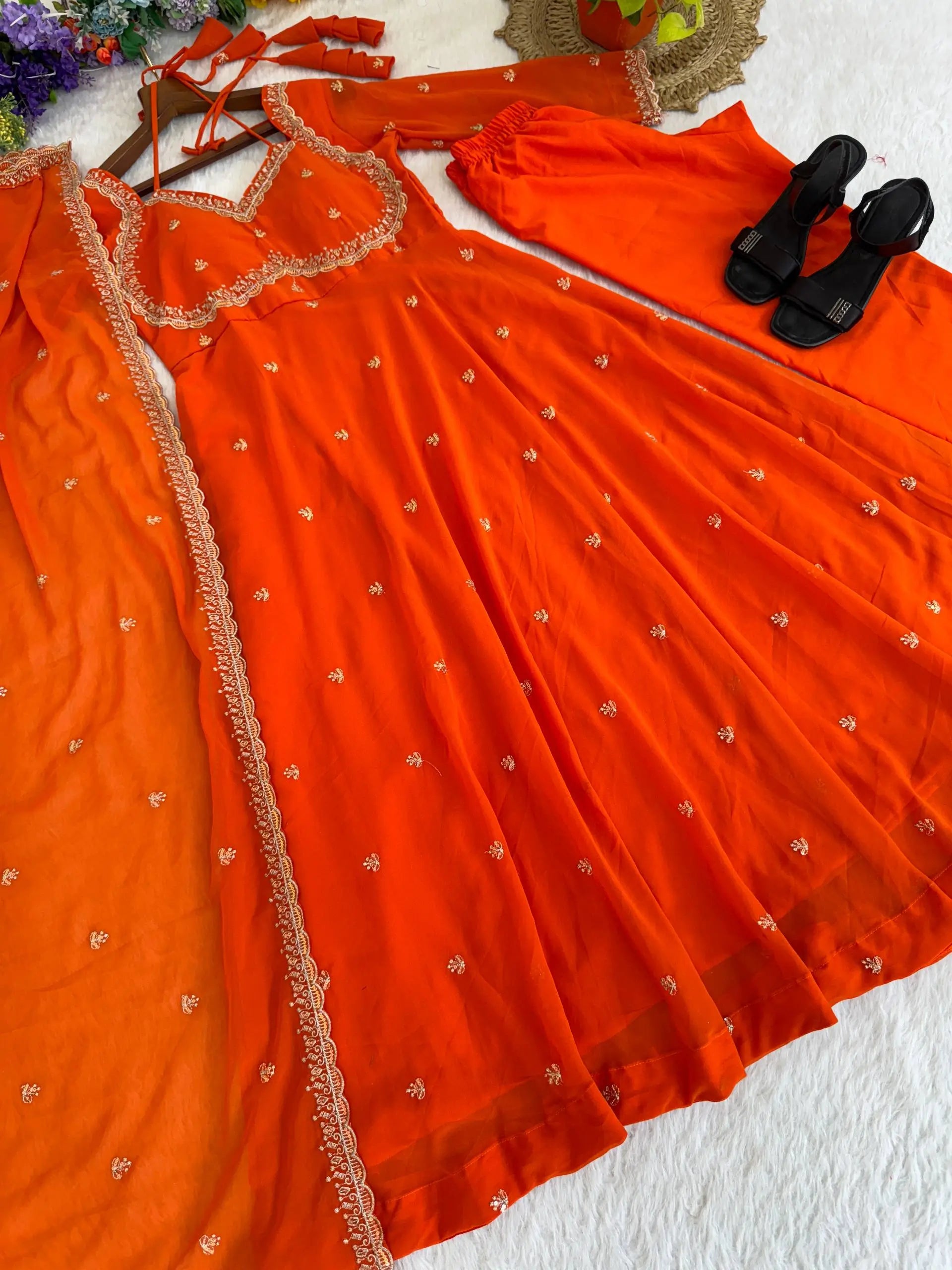 Elegant Embroidered Fox Georgette Anarkali Gown Set
