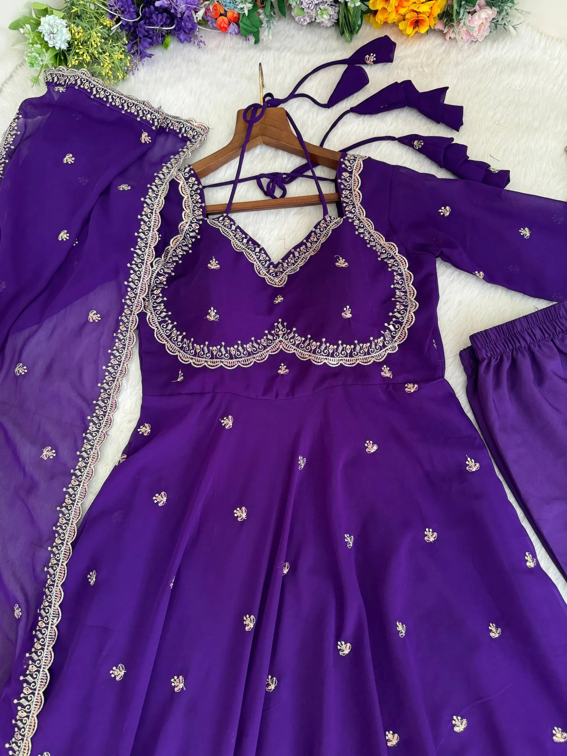 Elegant Embroidered Fox Georgette Anarkali Gown Set