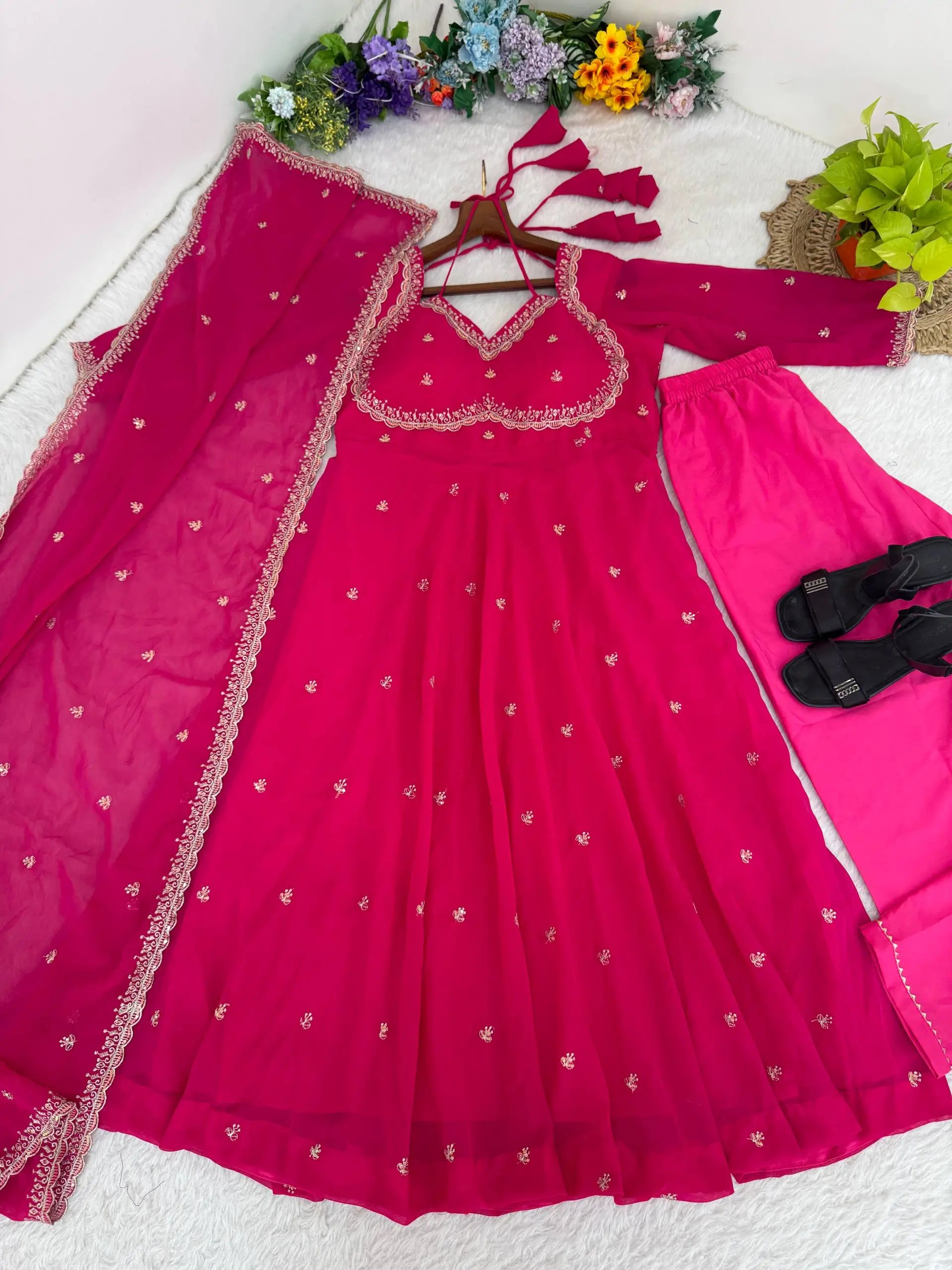 Elegant Embroidered Fox Georgette Anarkali Gown Set
