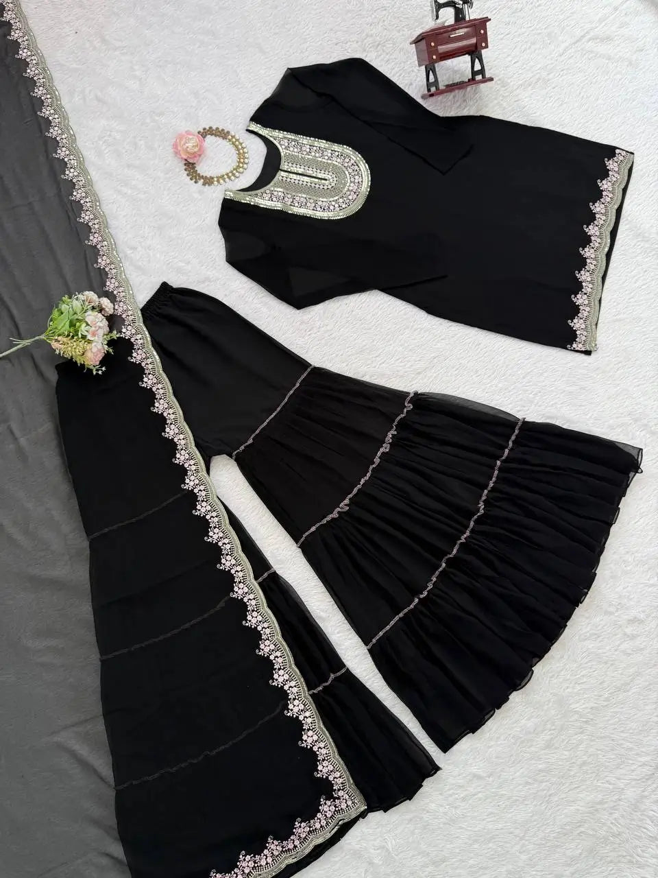 Elegant Embroidered Georgette Sharara Set