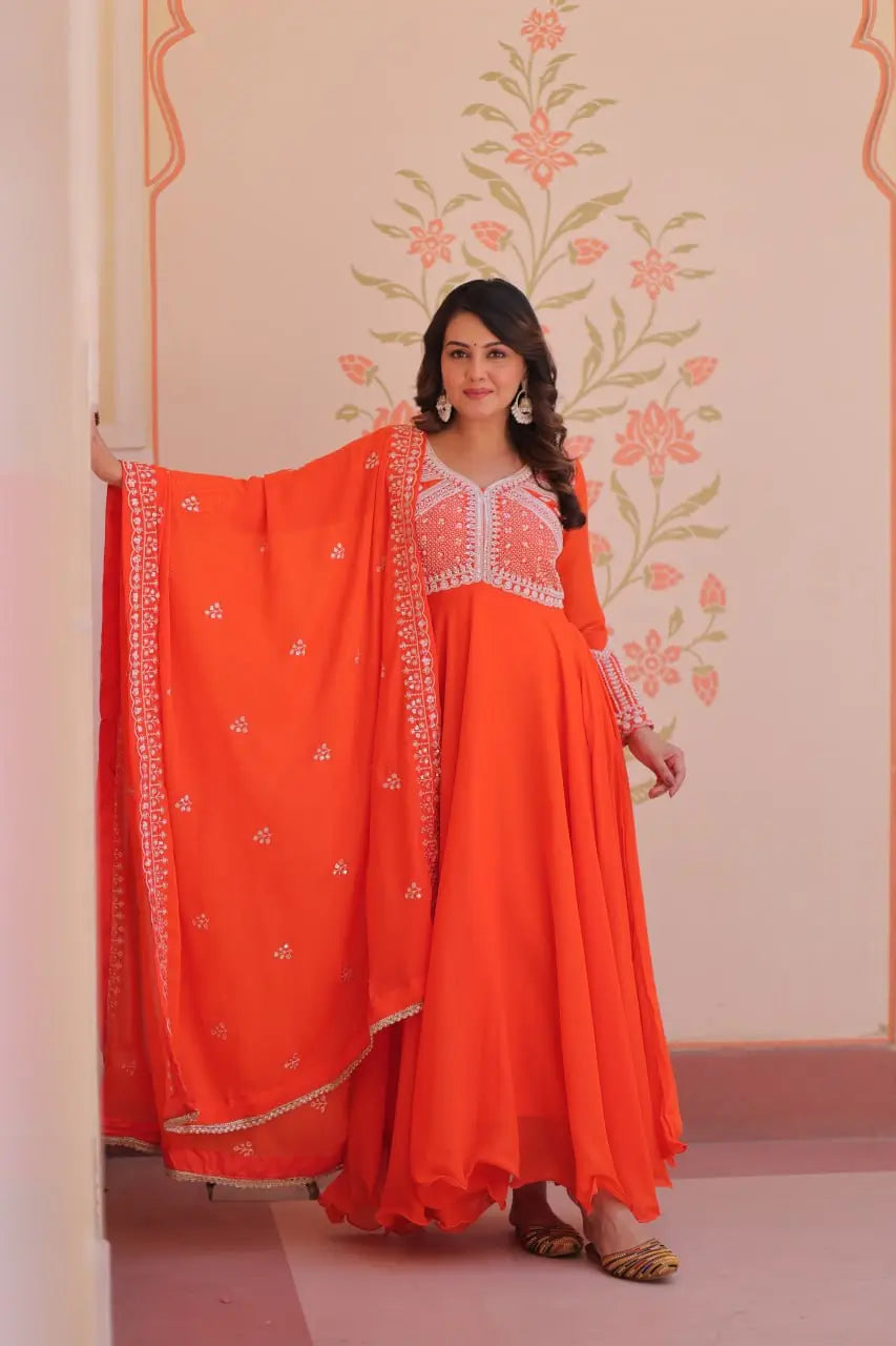 Elegant Embroidered Gown Set with Dupatta for Festive and Wedding Wear