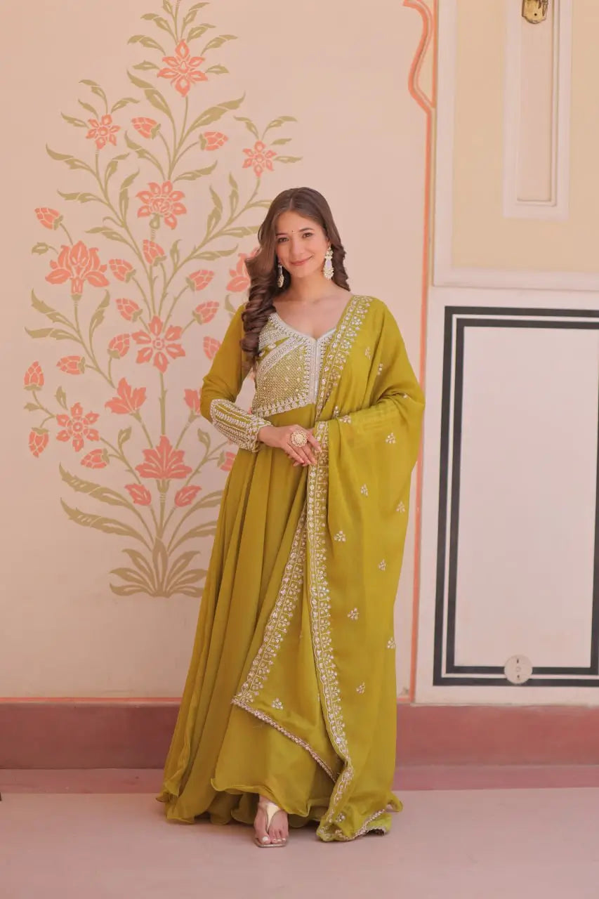 Elegant Embroidered Gown Set with Dupatta for Festive and Wedding Wear