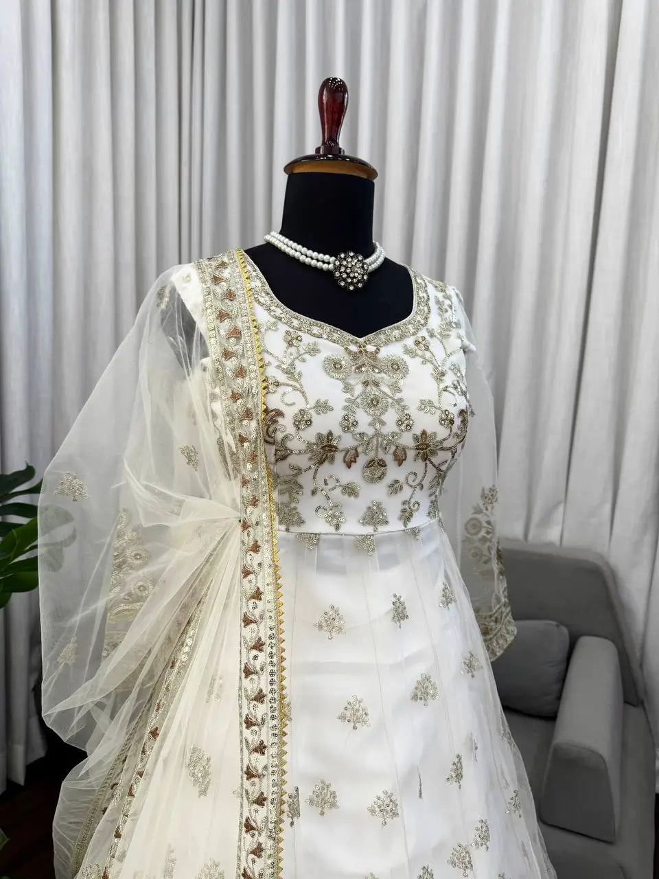 Elegant Embroidered Net Gown Lehenga Set