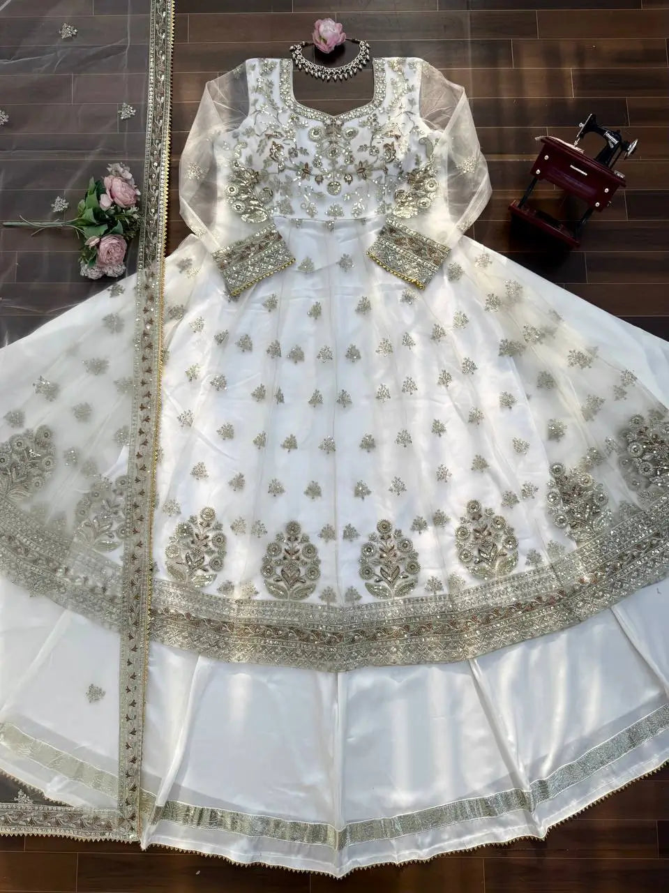 Elegant Embroidered Net Gown Lehenga Set
