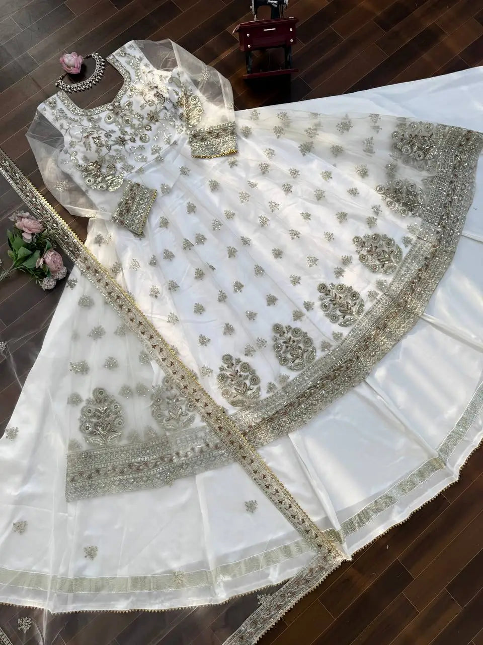 Elegant Embroidered Net Gown Lehenga Set