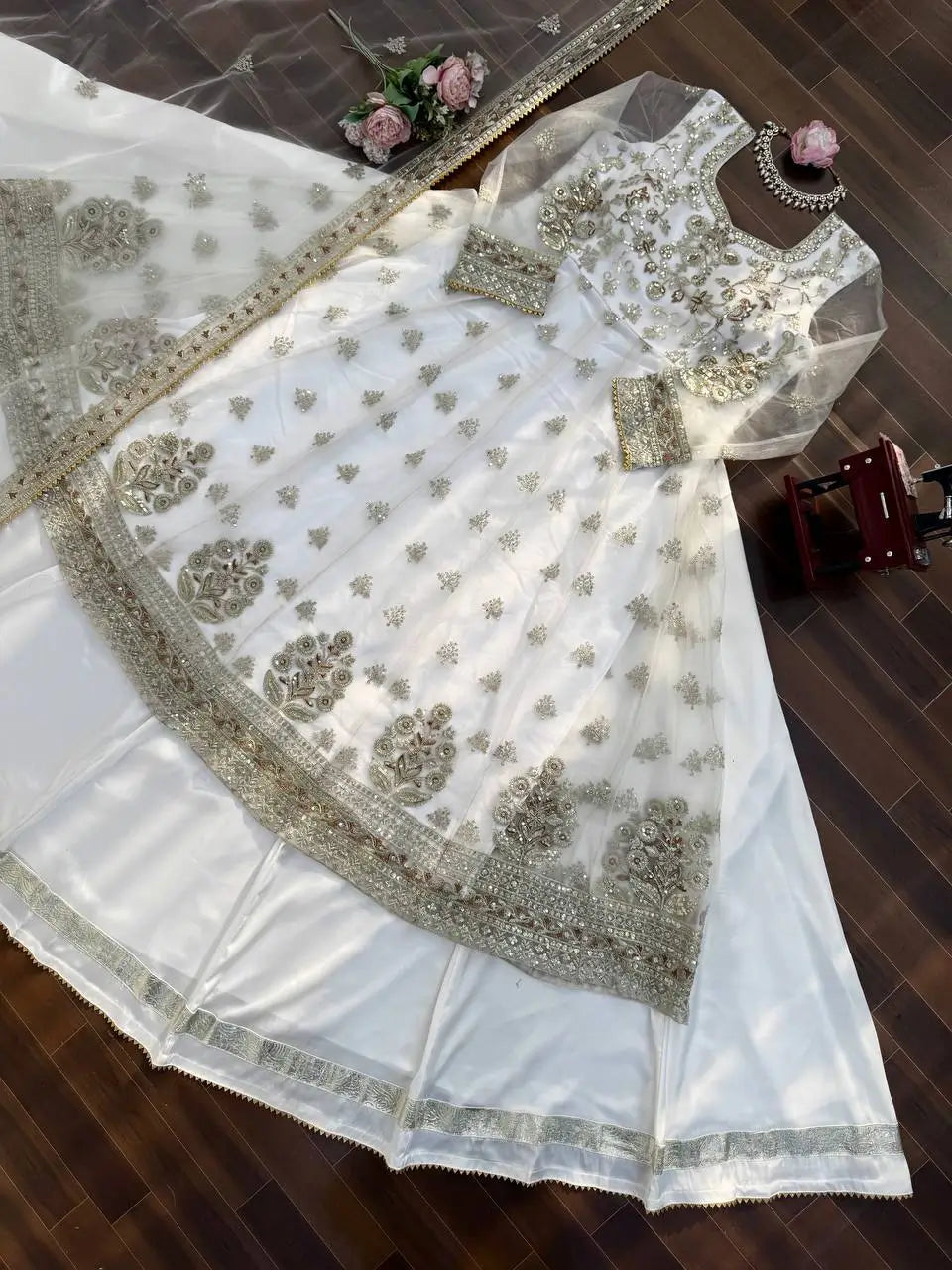 Elegant Embroidered Net Gown Lehenga Set