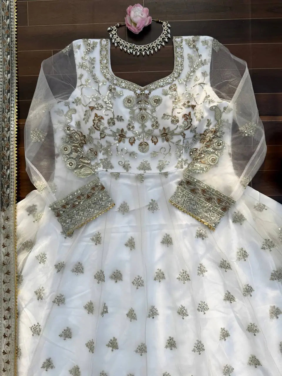 Elegant Embroidered Net Gown Lehenga Set