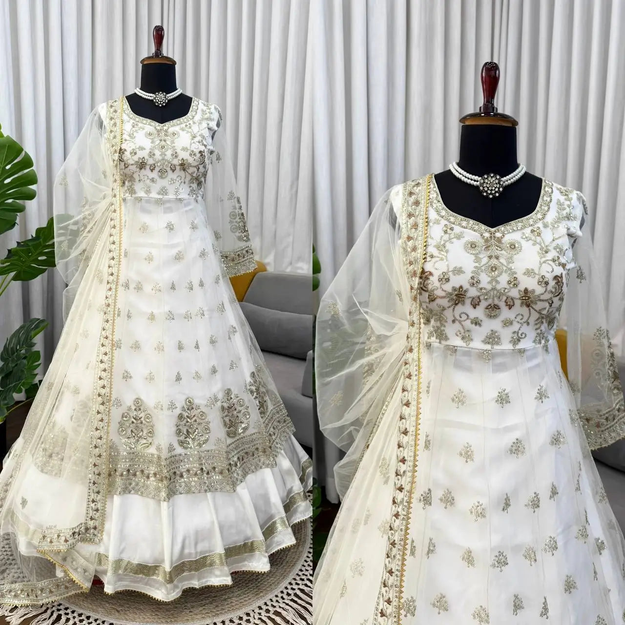 Elegant Embroidered Net Gown Lehenga Set