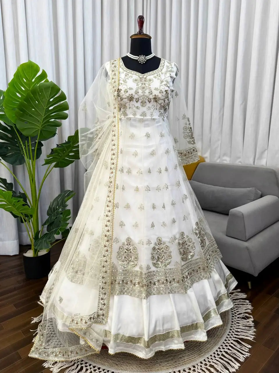 Elegant Embroidered Net Gown Lehenga Set