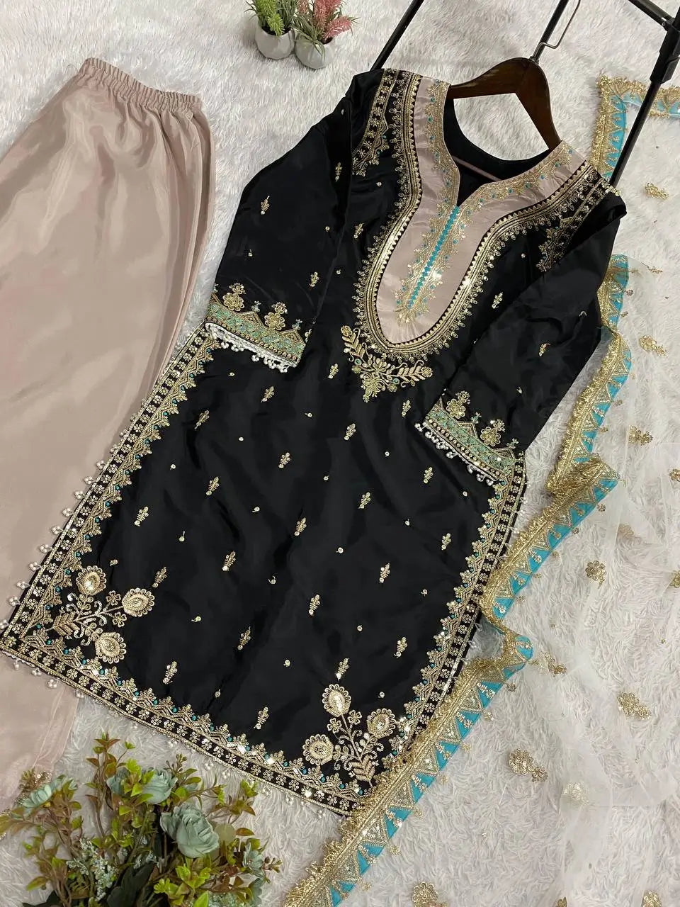 Elegant Embroidered Palazzo Suit Set for Festive and Family Occasions