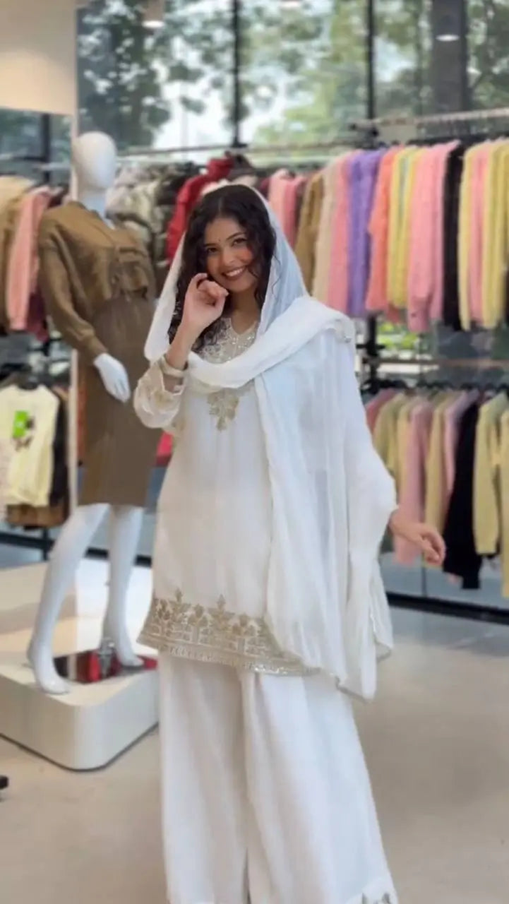 Elegant Embroidered Palazzo Suit Set in White and orange for Festive and Family Occasions