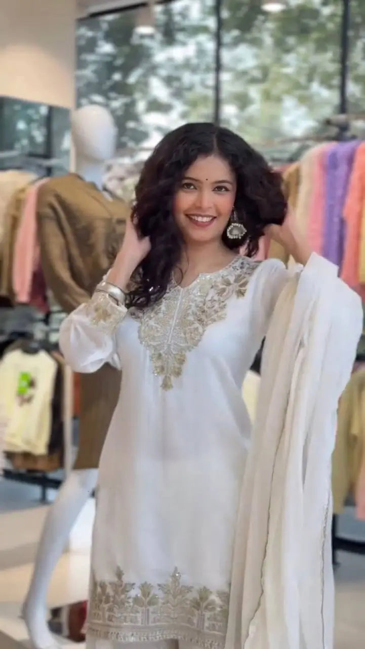 Elegant Embroidered Palazzo Suit Set in White and orange for Festive and Family Occasions
