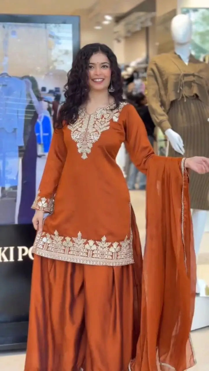 Elegant Embroidered Palazzo Suit Set in White and orange for Festive and Family Occasions