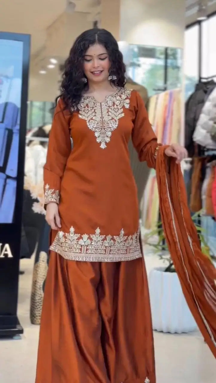 Elegant Embroidered Palazzo Suit Set in White and orange for Festive and Family Occasions
