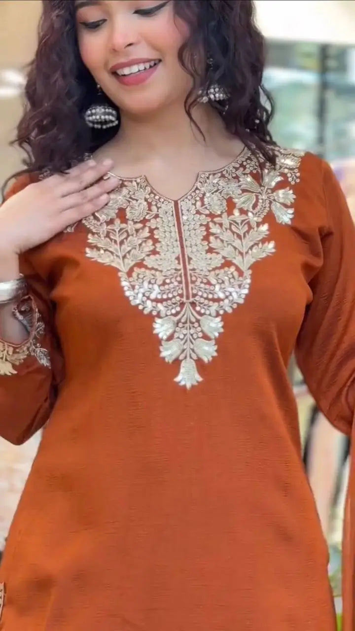 Elegant Embroidered Palazzo Suit Set in White and orange for Festive and Family Occasions