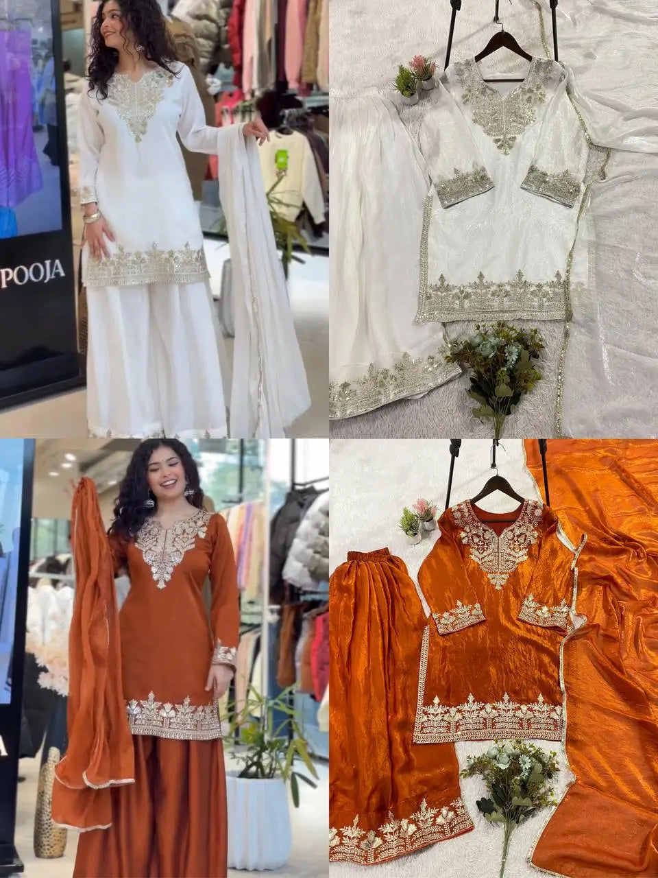 Elegant Embroidered Palazzo Suit Set in White and orange for Festive and Family Occasions
