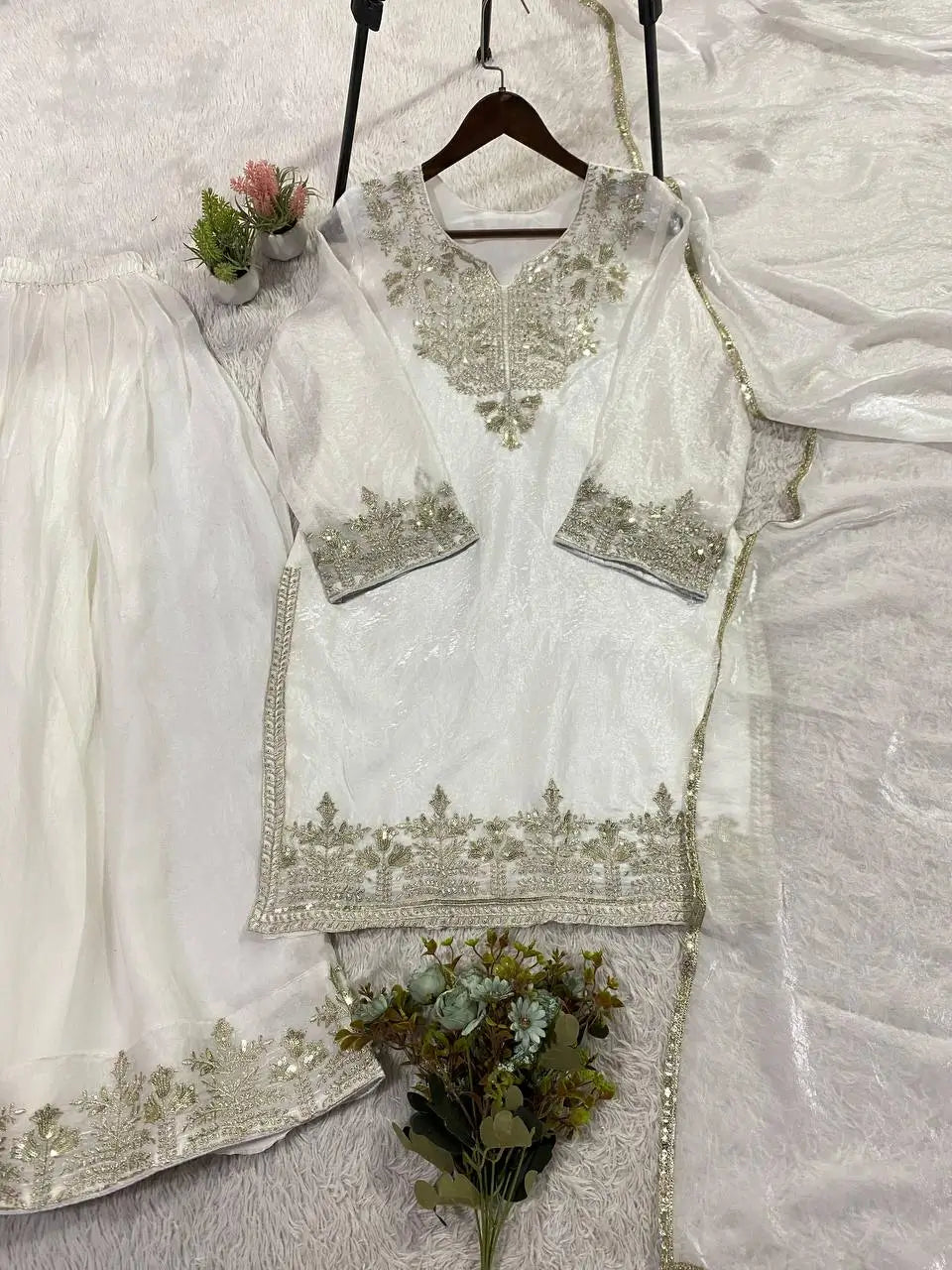 Elegant Embroidered Palazzo Suit Set in White and orange for Festive and Family Occasions