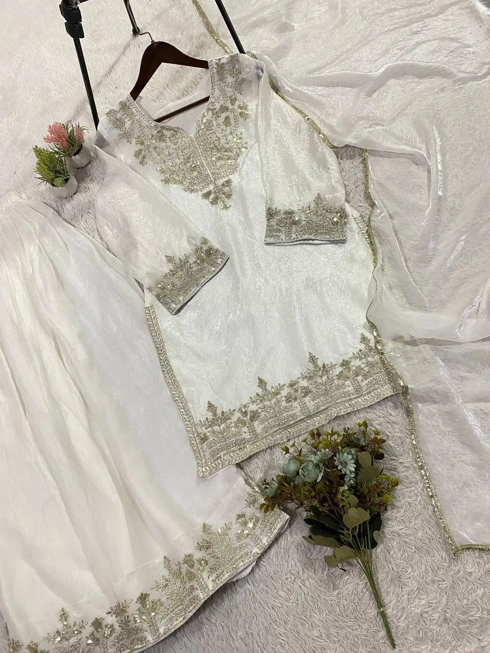 Elegant Embroidered Palazzo Suit Set in White and orange for Festive and Family Occasions