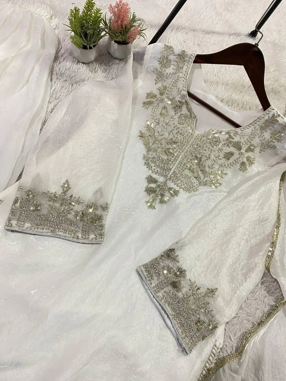 Elegant Embroidered Palazzo Suit Set in White and orange for Festive and Family Occasions