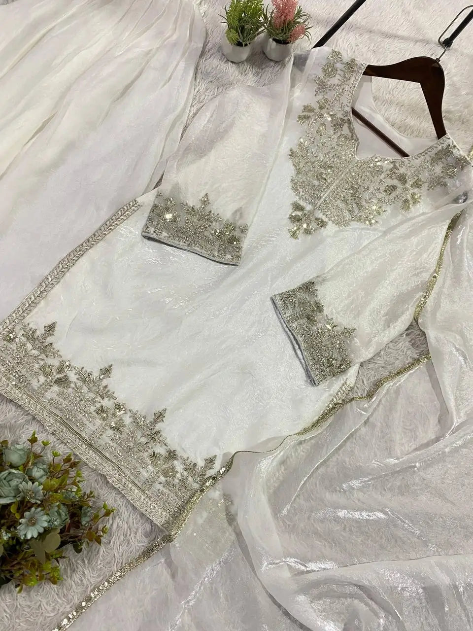 Elegant Embroidered Palazzo Suit Set in White and orange for Festive and Family Occasions