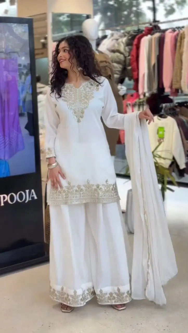 Elegant Embroidered Palazzo Suit Set in White and orange for Festive and Family Occasions