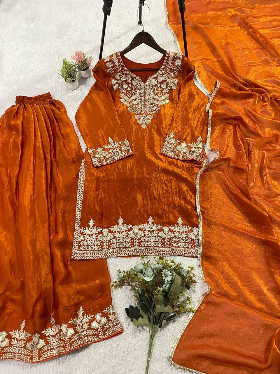 Elegant Embroidered Palazzo Suit Set in White and orange for Festive and Family Occasions